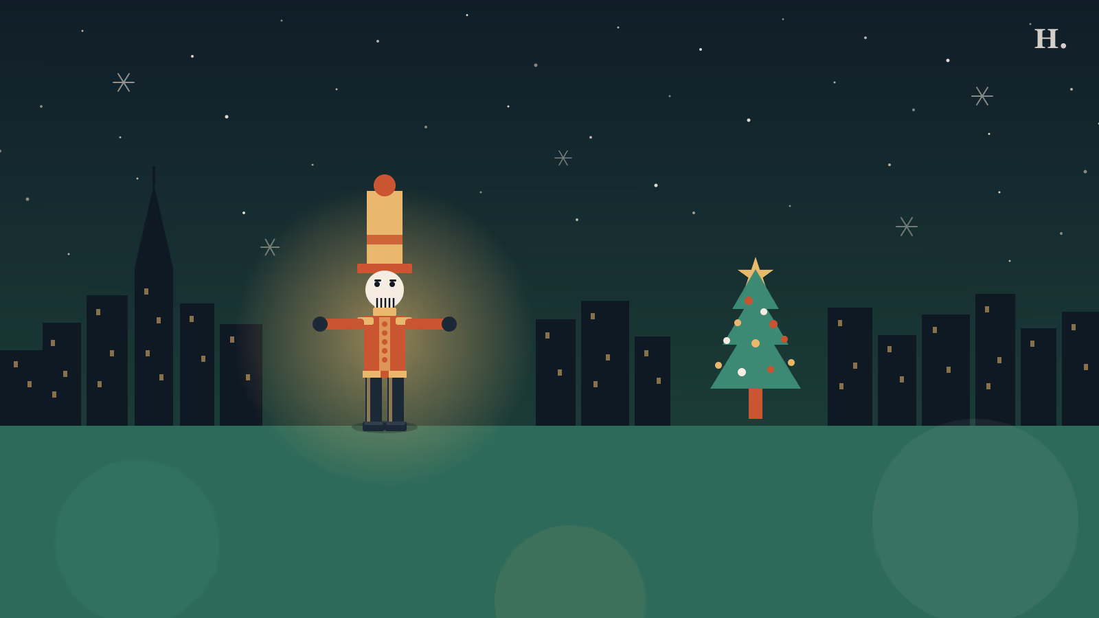 Nutcracker Houston guide illustration: nutcracker soldier and Christmas tree against Houston skyline at night
