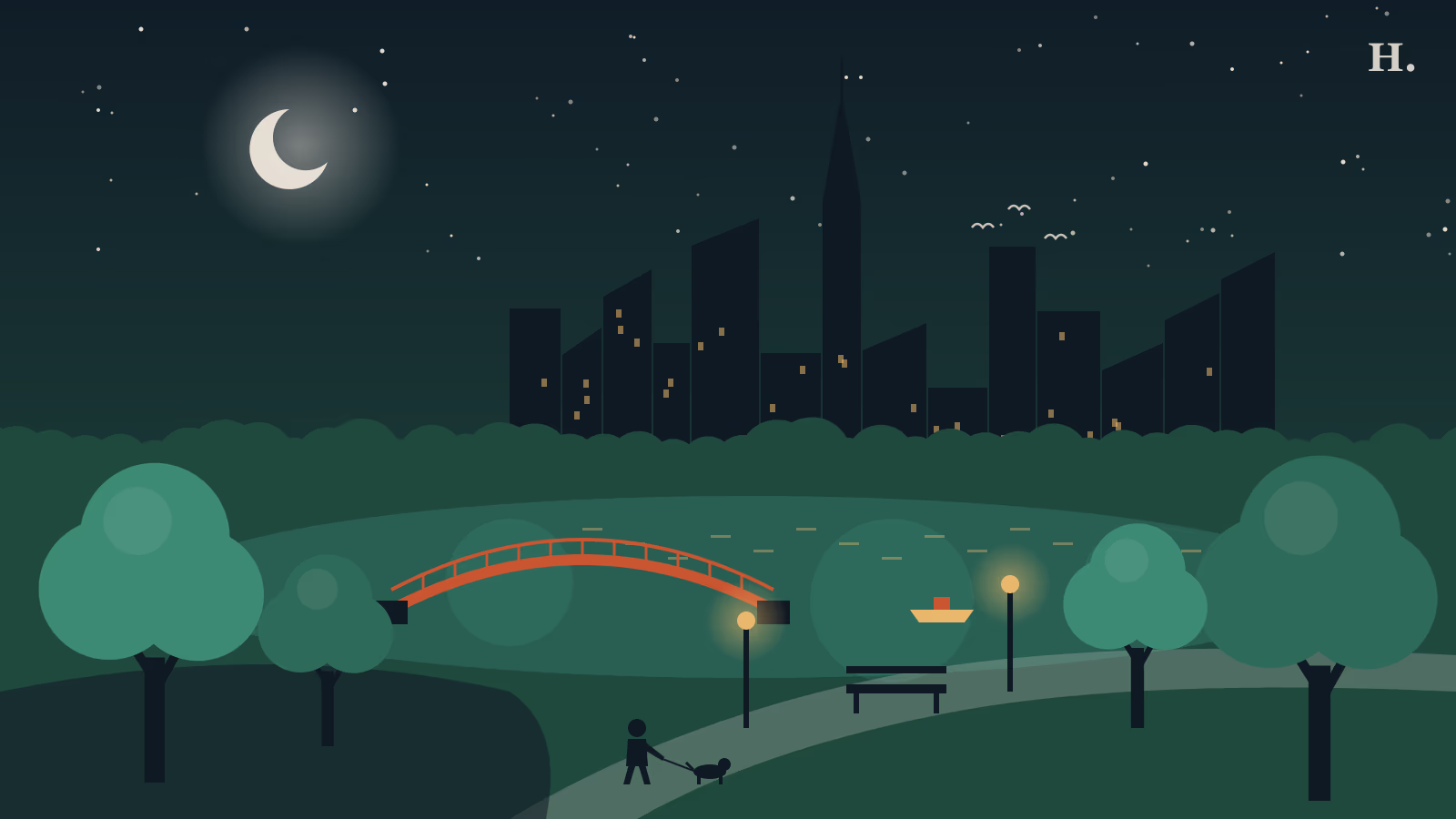 Illustration of the best parks in Houston: lake, red footbridge, trees and skyline at night