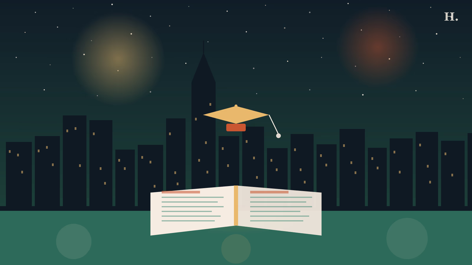 Houston private schools guide illustration: open book and graduation cap above the city skyline at night