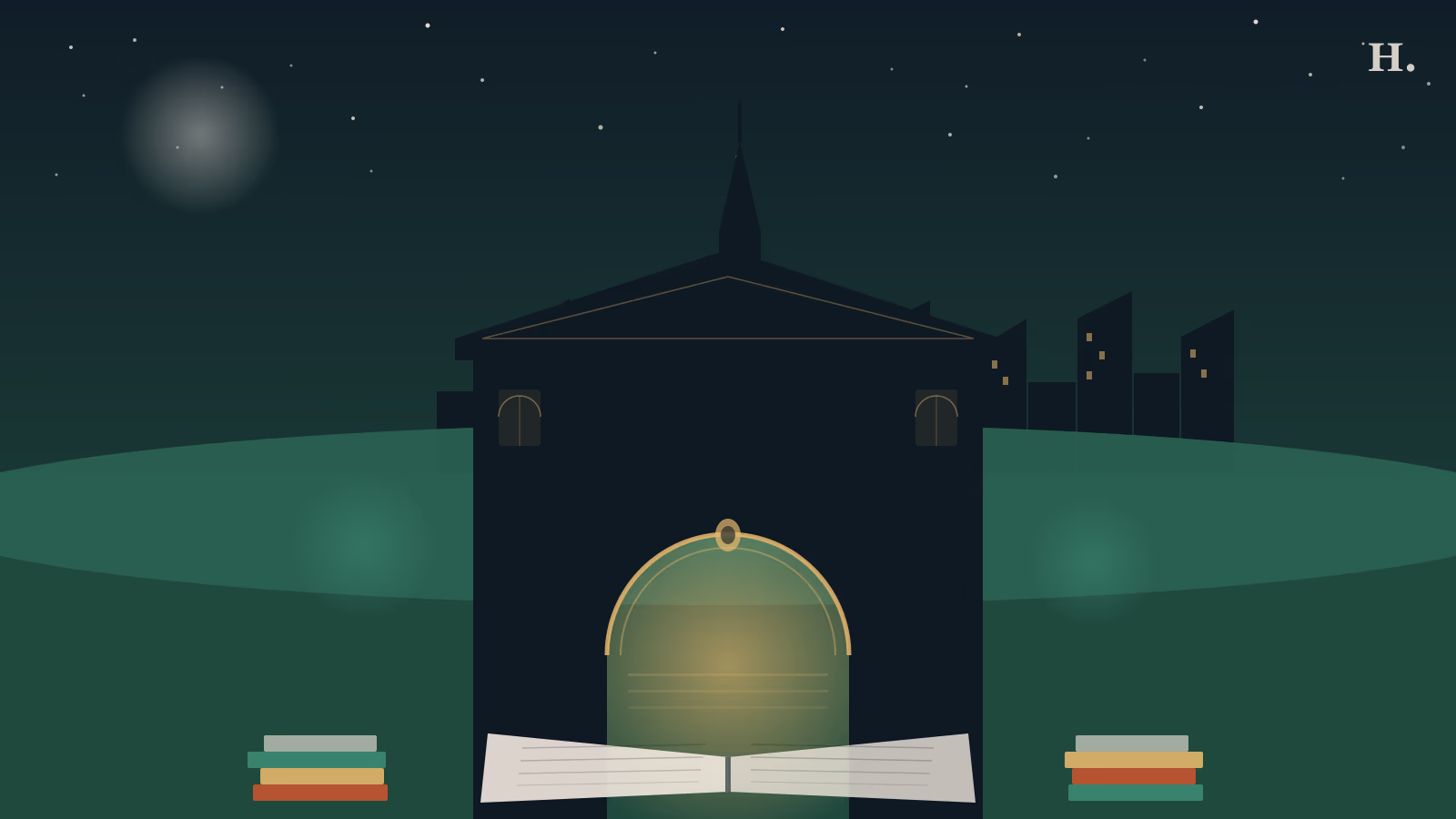 Houston public libraries guide illustration with the Julia Ideson Building arch and open books under the city skyline
