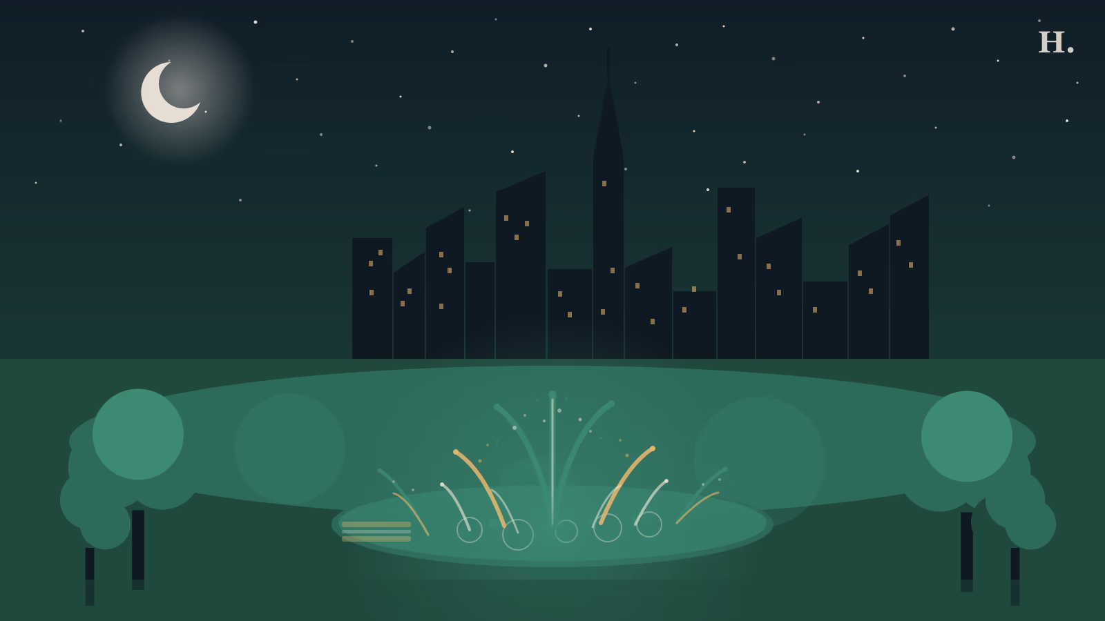 Houston public pools and splash pads illustration: water jets arching over a splash pad with the Houston skyline at night