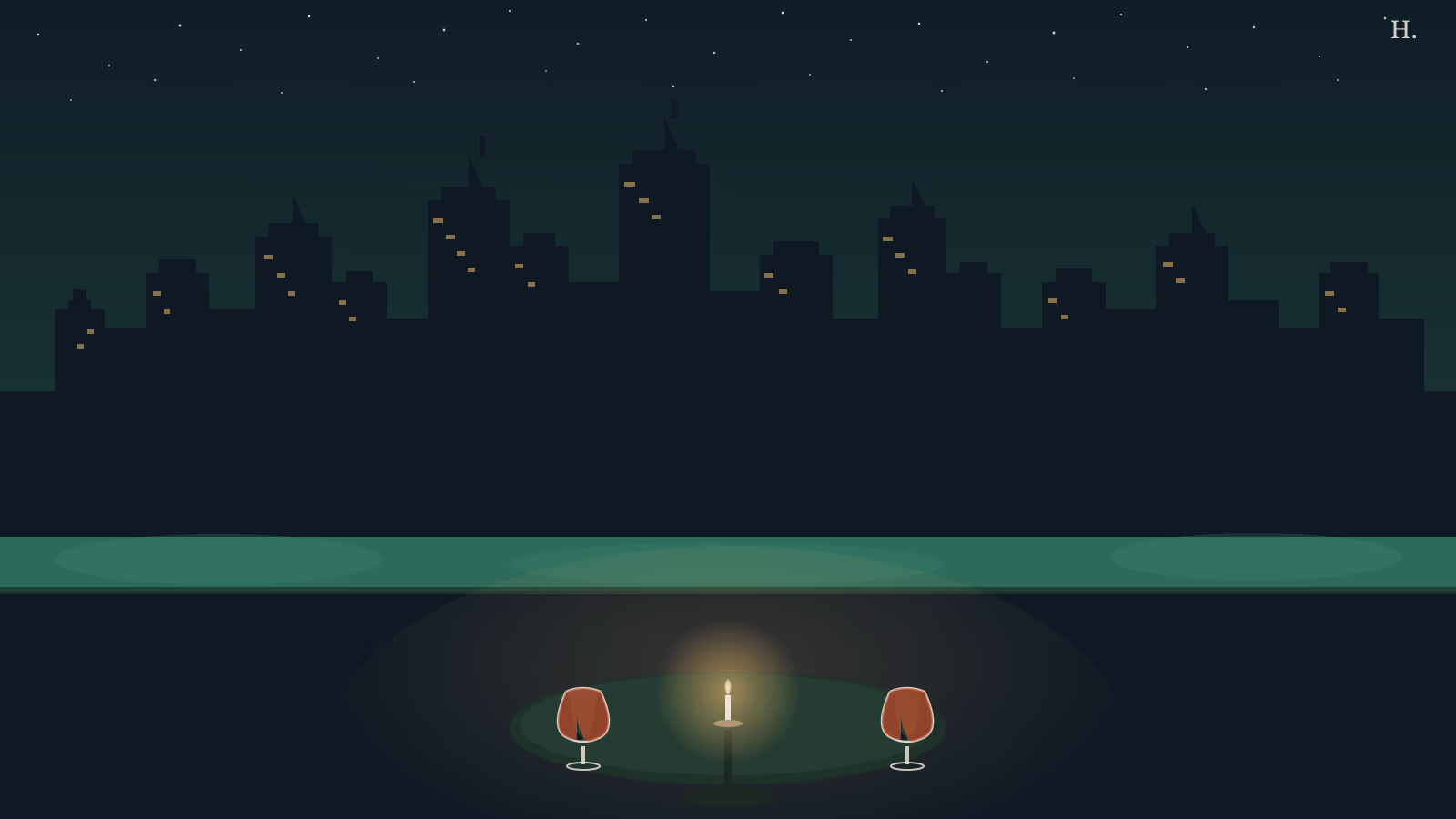 Candlelit dining table with wine glasses facing the Houston downtown skyline at night