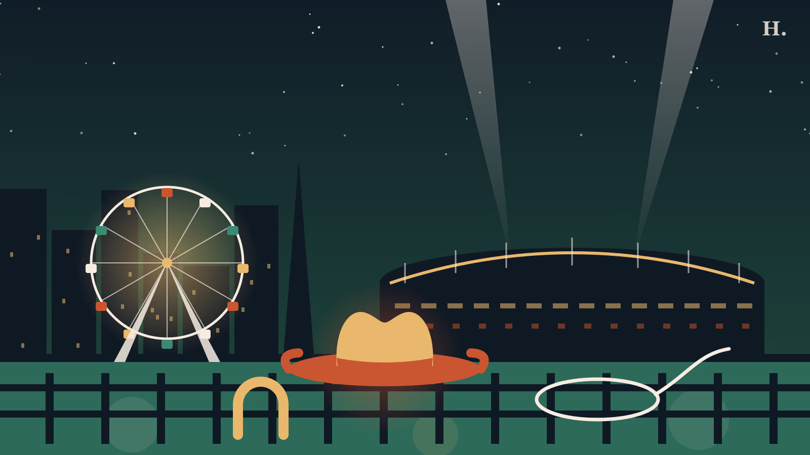 Houston rodeo illustration with cowboy hat, lasso, Ferris wheel and stadium under a night sky