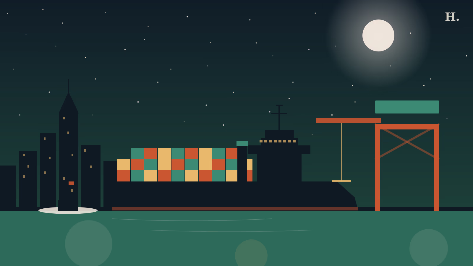 Houston Ship Channel cargo ship with container stacks and gantry crane at night, city skyline behind, tour boat on the water