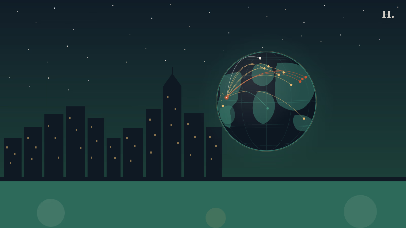 Houston sister cities illustrated: skyline at night with a globe showing arc connections to 12 international partner cities