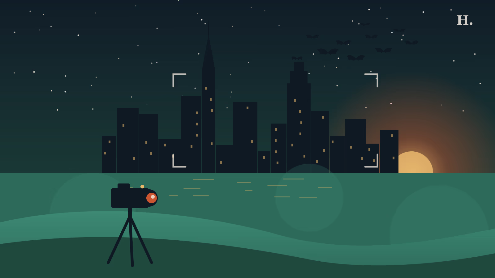 Illustrated Houston skyline at dusk with a camera on a tripod and bats