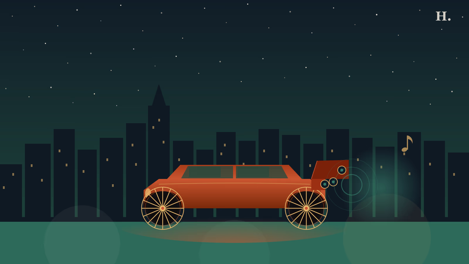 Houston slab culture illustration: candy-orange custom car with extended swanga spoke wheels under a night skyline
