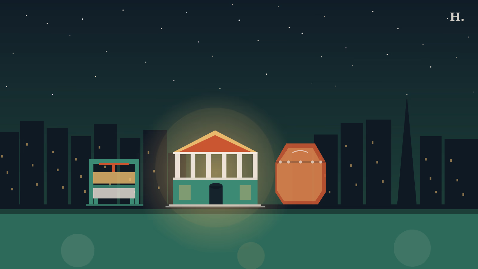 Unique museums in Houston illustration: museum columns, printing press and Ghanaian fantasy coffin under a night sky