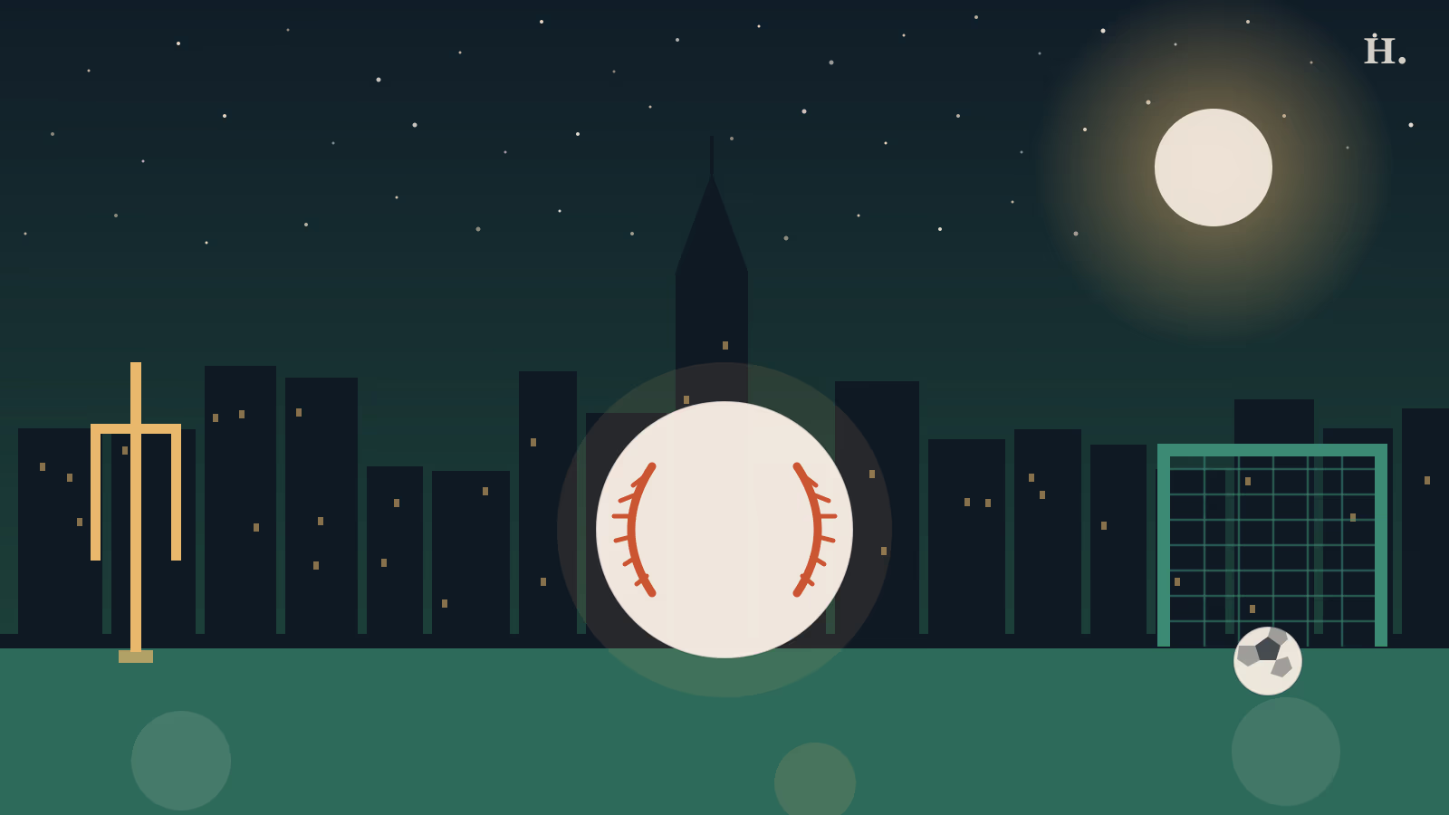Houston sports teams guide illustration: baseball, goal posts and soccer net against the city skyline at night