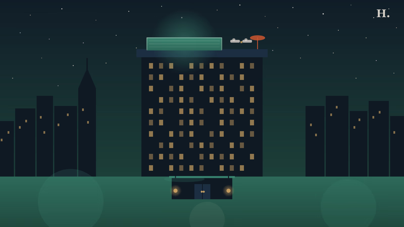 Staycation Houston illustration: hotel rooftop pool with Texas skyline at night