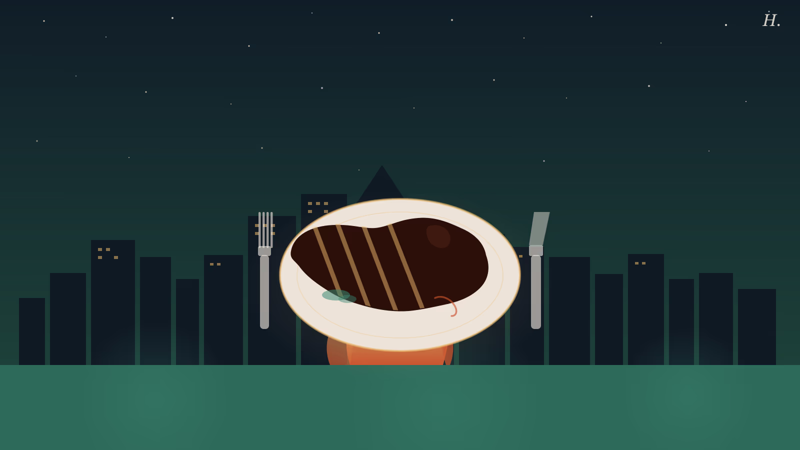 Grilled steak on a round plate with knife and fork, downtown Houston skyline at night