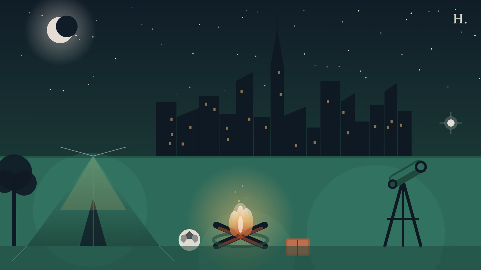 Houston summer camps guide illustration: campfire, telescope, soccer ball and night skyline