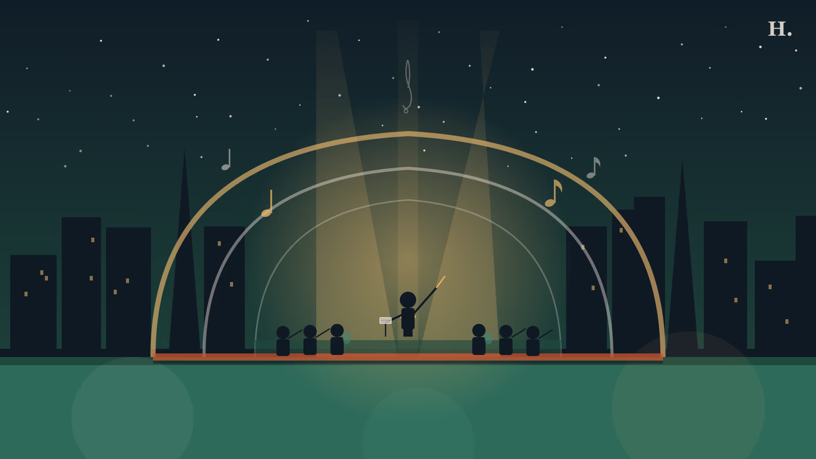 Houston Symphony illustration: conductor with raised baton inside a glowing concert hall arch, night skyline and musical notes