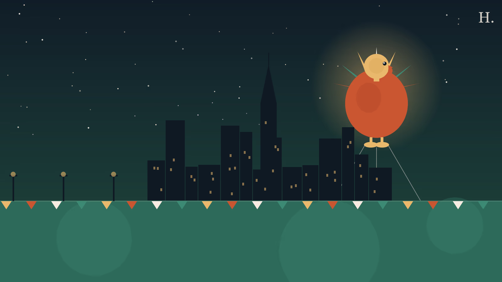 Turkey parade balloon above downtown Houston skyline, Thanksgiving parade night-sky illustration