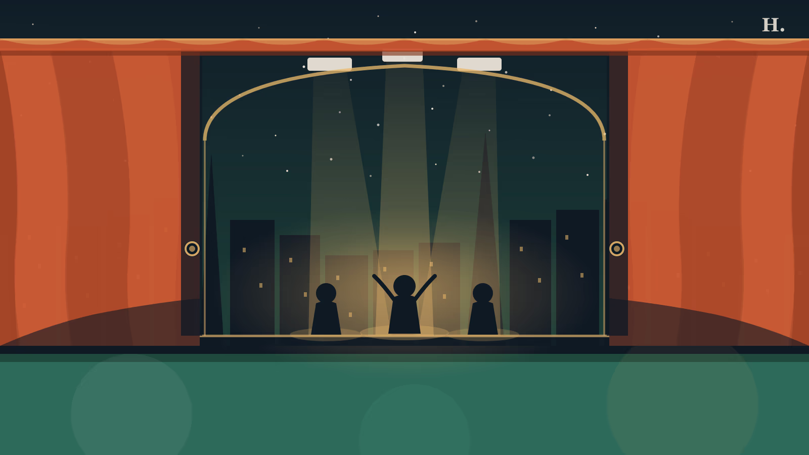 Houston theater companies illustration: stage curtains, spotlights and city skyline at night