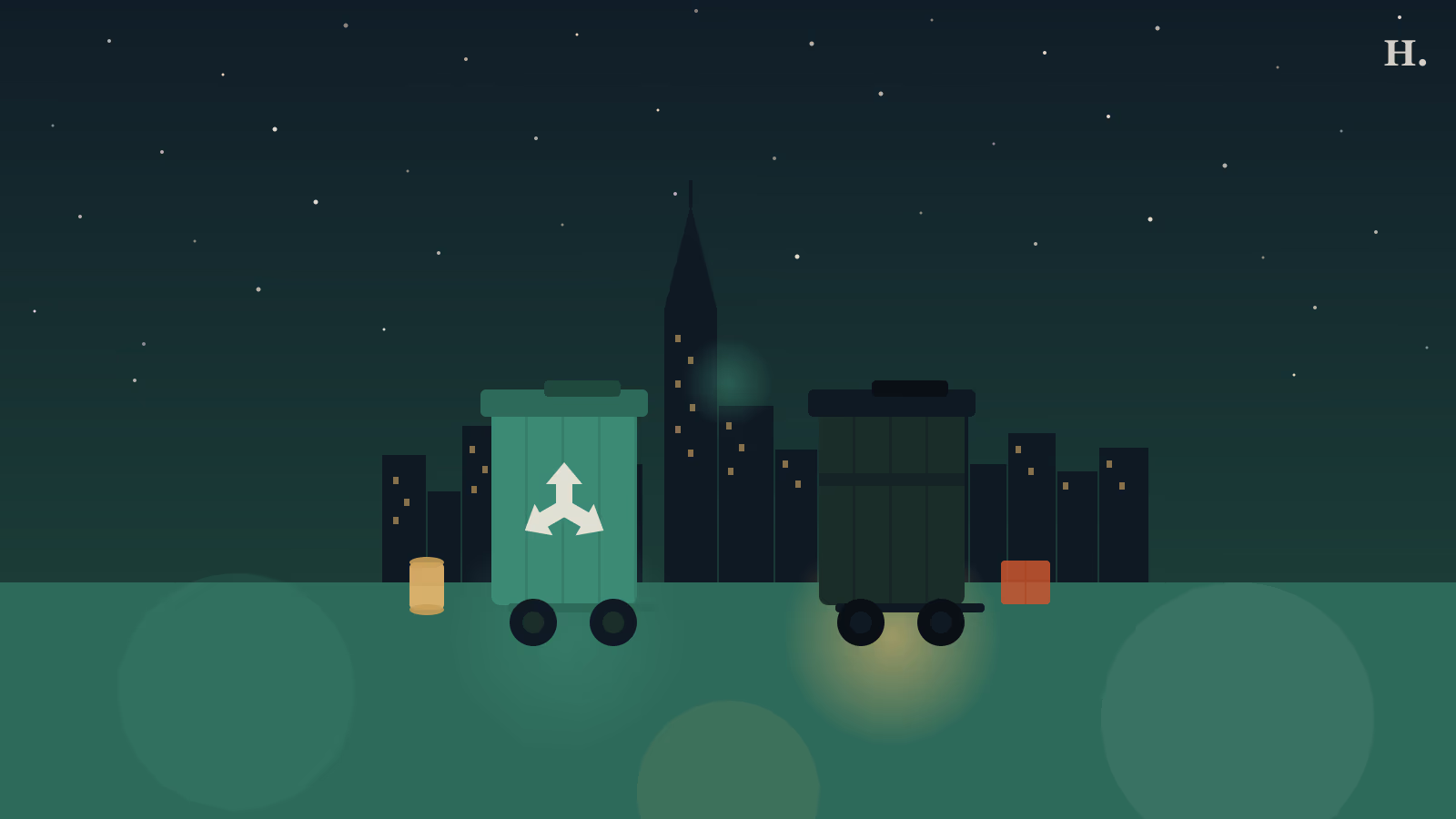 Houston trash and recycling guide illustration: blue recycling bin and gray trash cart against the downtown night skyline