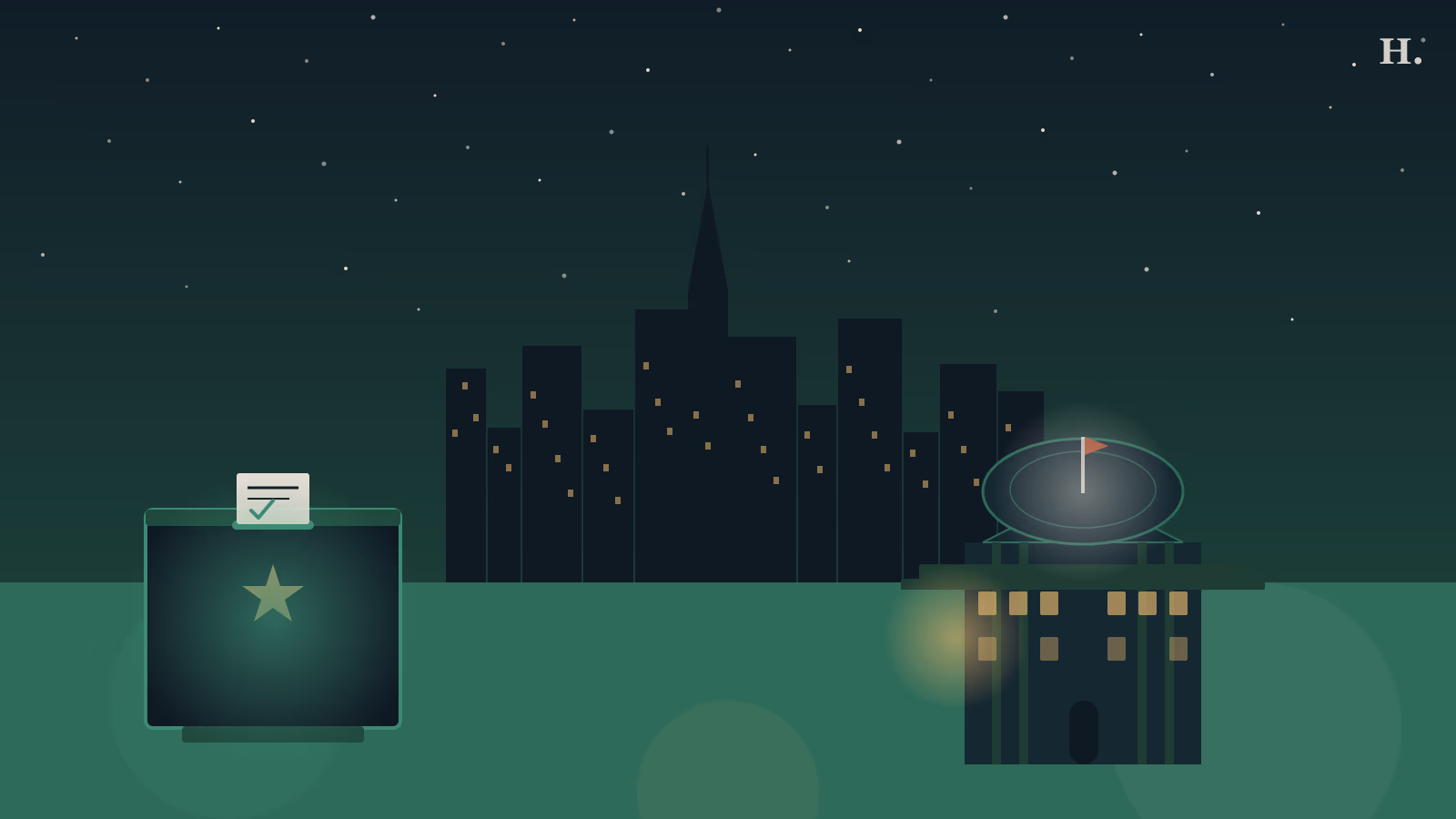 Houston voter registration guide illustration: ballot box with star slot, civic dome, and night skyline