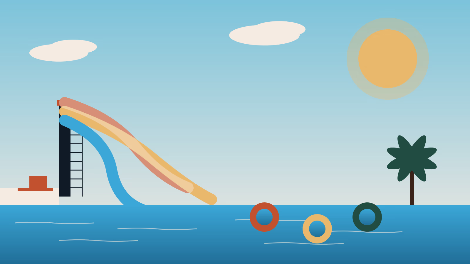 Stylized Houston water park illustration with slide tower curving water slides pool inner tubes and palm tree for water parks guide