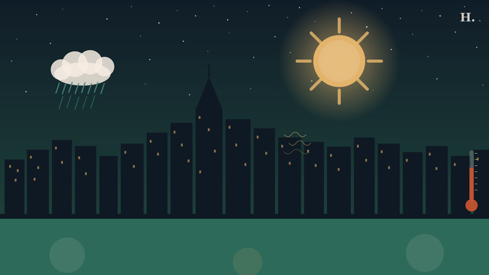Houston weather by month illustration: golden sun and rain cloud over the Houston skyline, thermometer and teal ground band