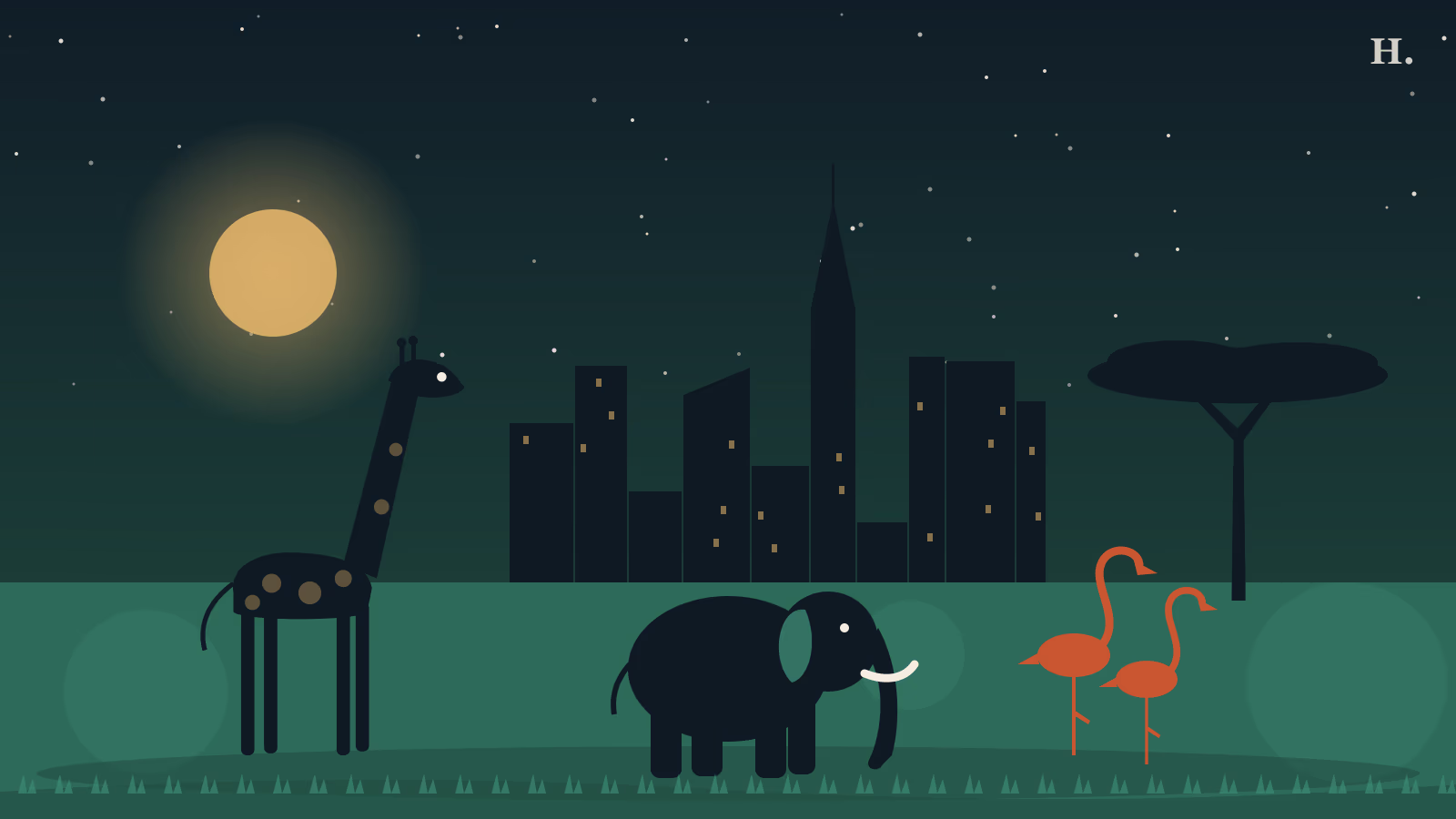 Illustration of Houston Zoo animal silhouettes, giraffe, elephant and flamingos, before the Houston skyline at night