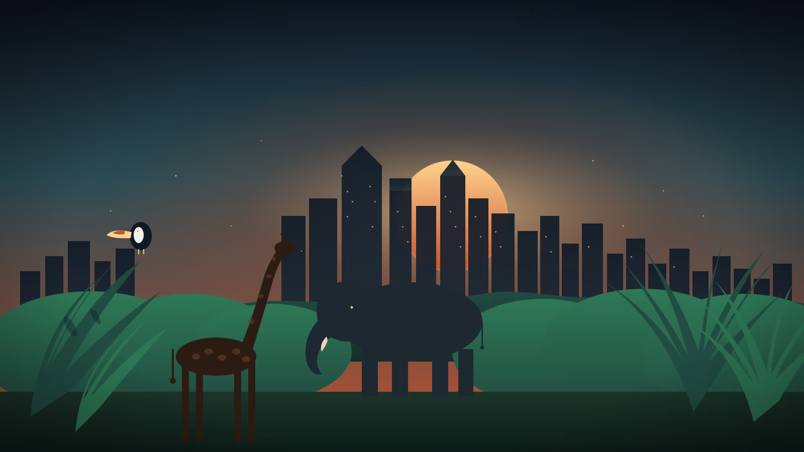 Houston Zoo wildlife and Houston skyline illustration with giraffe elephant and jungle canopy