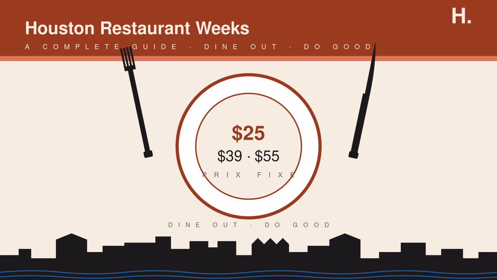 Houston Restaurant Weeks 2026 prix fixe plate illustration with Houston skyline