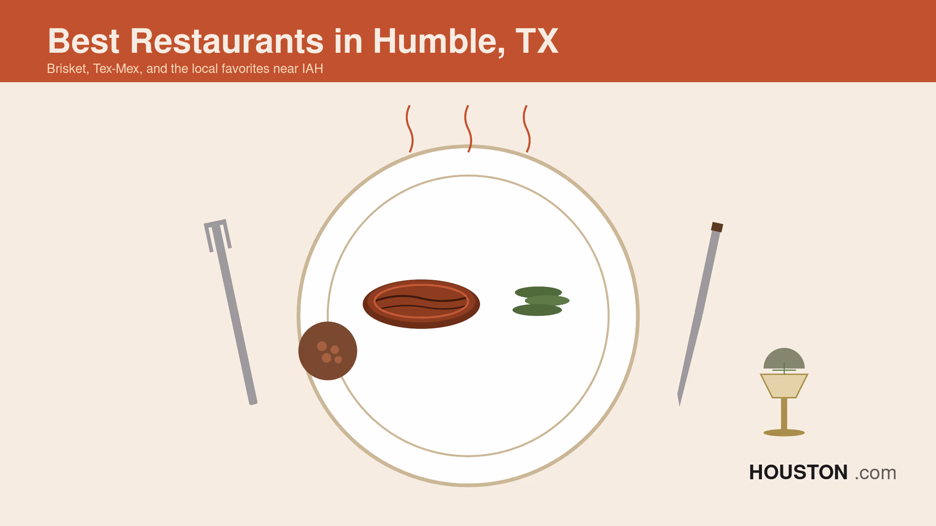 Stylized illustration of a Texas BBQ brisket plate with jalapenos and beans representing the food scene in Humble Texas near Houston