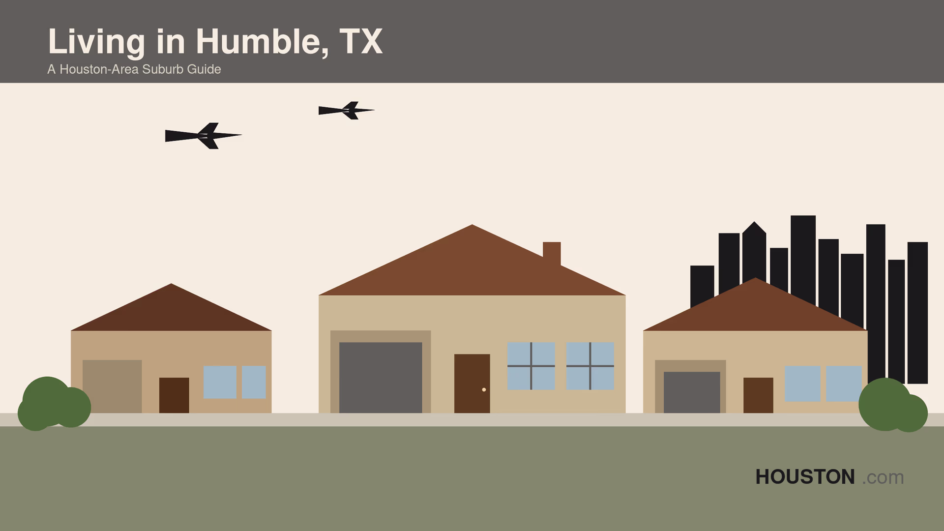 Stylized illustration of suburban homes in Humble Texas with George Bush Intercontinental Airport (IAH) planes overhead and distant Houston skyline