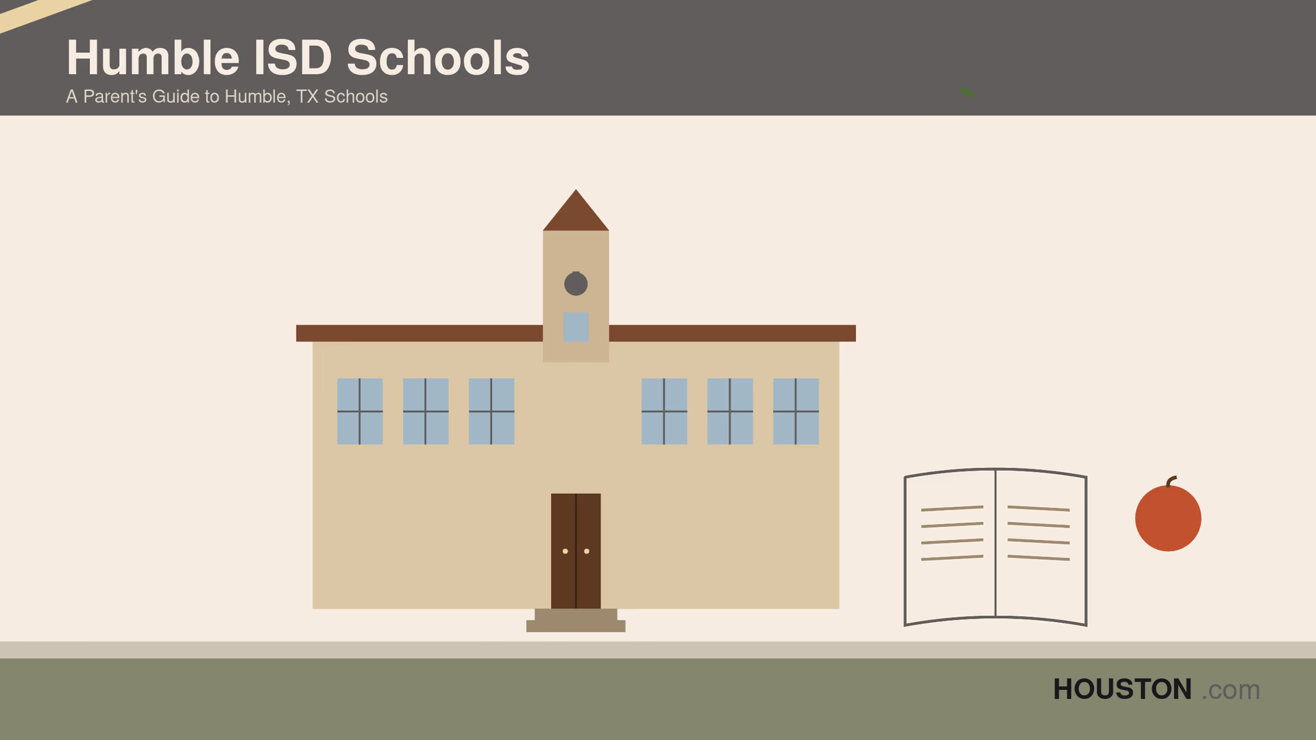 Stylized illustration of a Humble ISD school building with bell tower, open book, apple, and pencil representing the Humble Texas school district