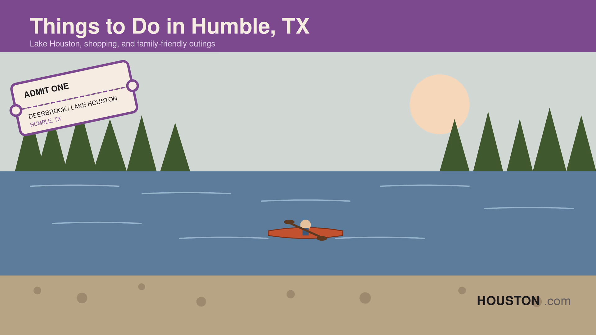 Stylized illustration of kayaking on Lake Houston with pine trees and a Deerbrook Mall ticket, showing things to do in Humble Texas