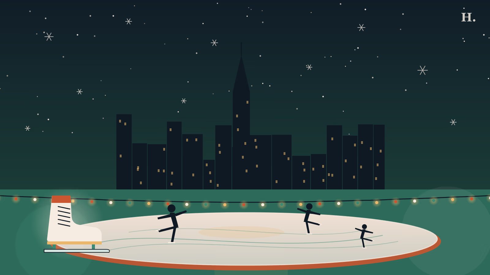 Ice skating Houston illustration: skaters gliding on a rink below the downtown skyline at night