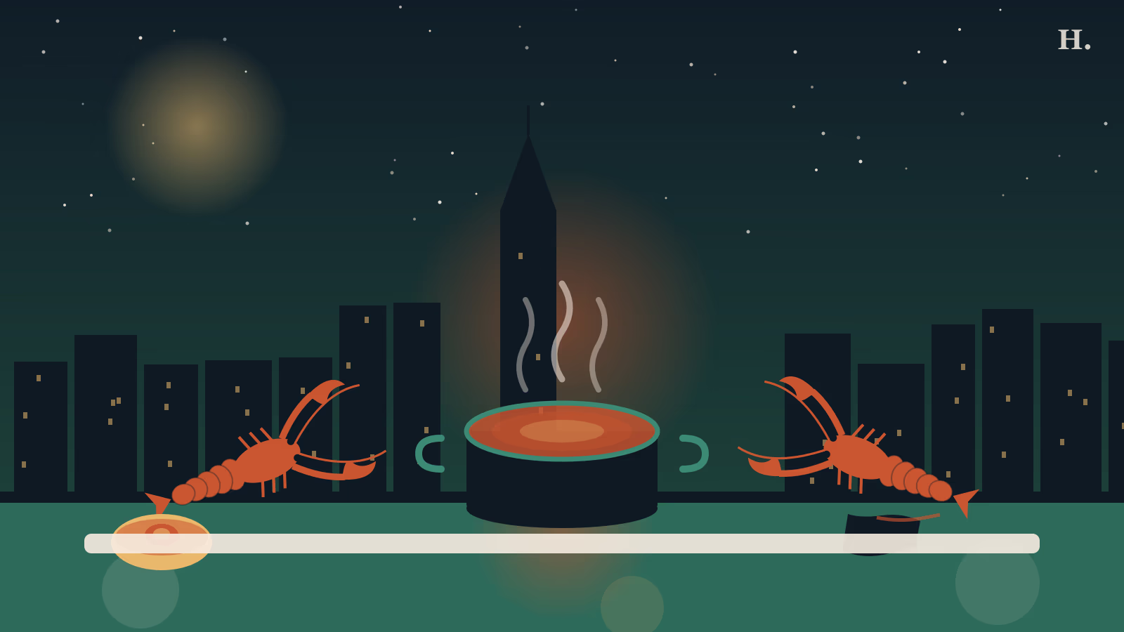 Iconic Houston food illustration: steaming crawfish pot, kolache, and brisket against downtown skyline at night