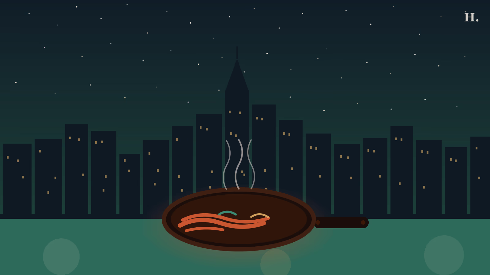 Iconic Houston restaurants illustration: cast-iron fajita skillet with steam, Houston skyline at night