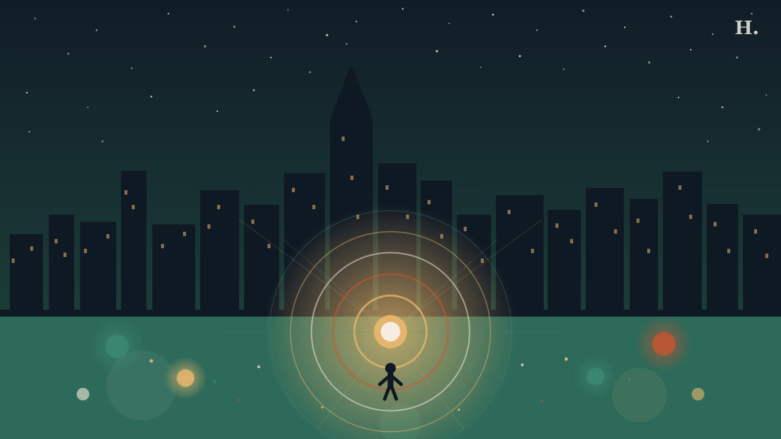 Immersive experiences Houston: glowing concentric light rings with viewer silhouette against Houston night skyline