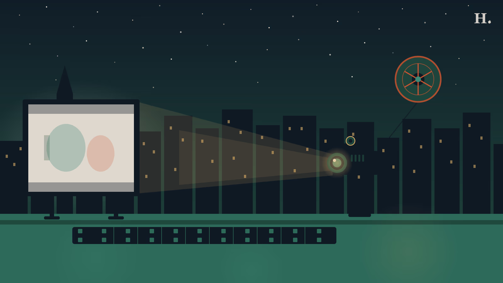Independent movie theaters in Houston illustration: projector beam, film reel and cinema screen against the Houston night skyline