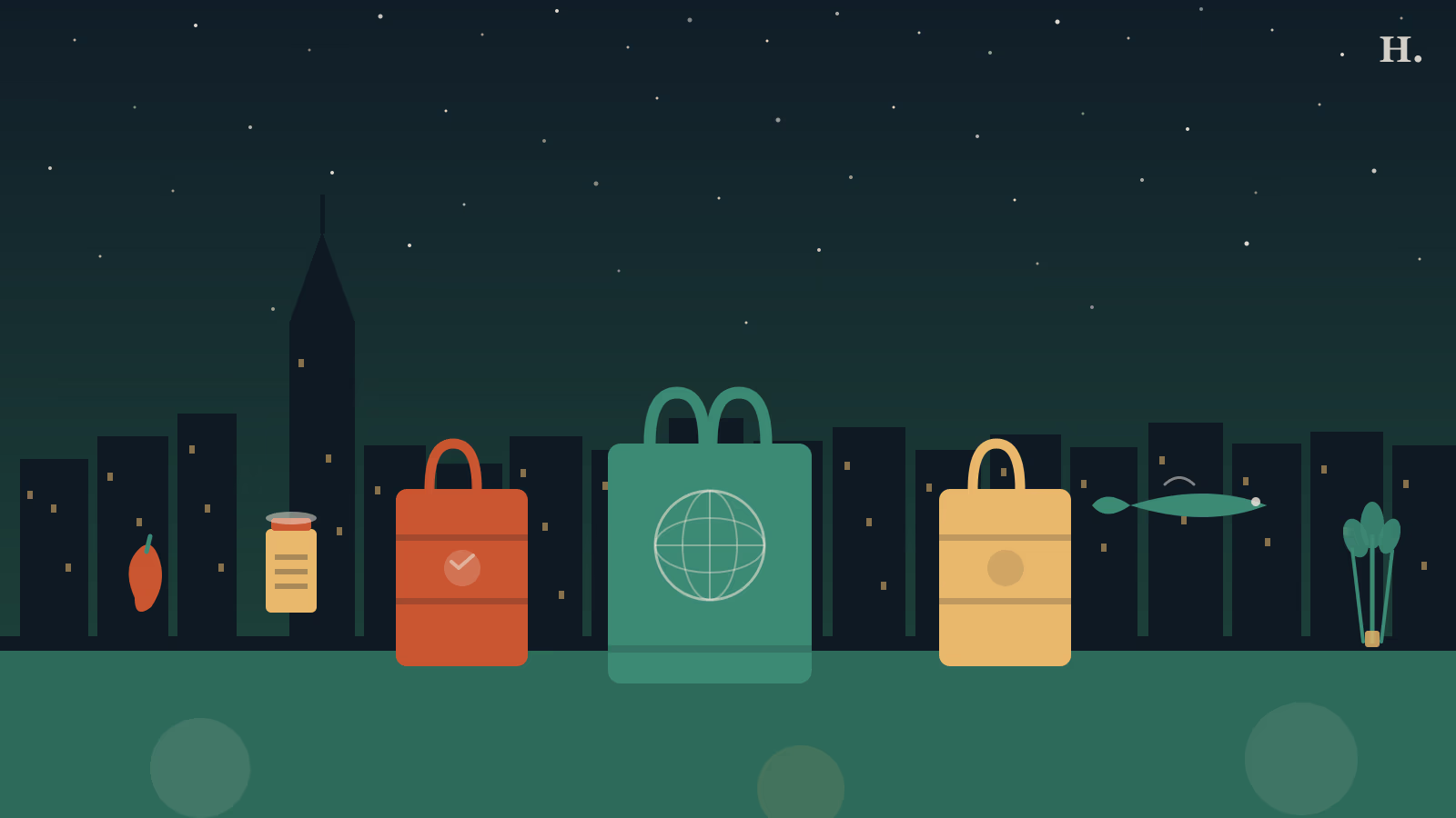 International grocery stores in Houston illustration: shopping bags, spice jars, fish, and herbs against Houston skyline at night