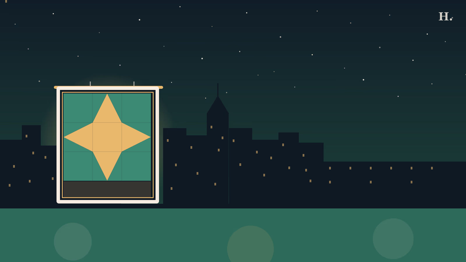 International Quilt Festival Houston illustration: Ohio Star quilt panel displayed against Houston night skyline