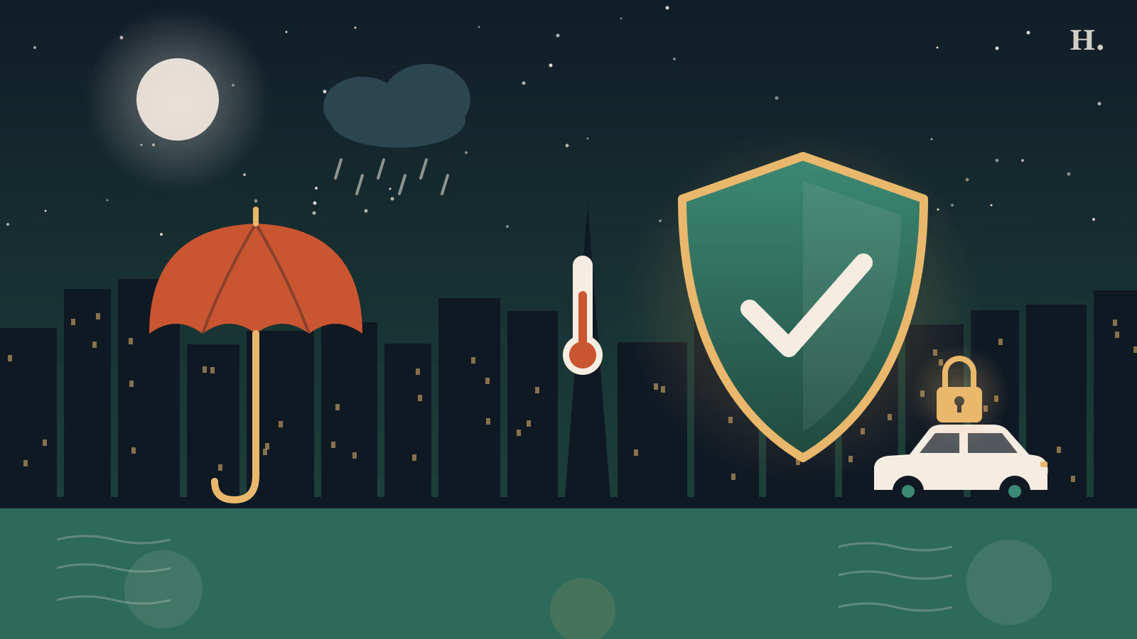 Is Houston safe illustration: downtown skyline at night with a shield, umbrella and parked car