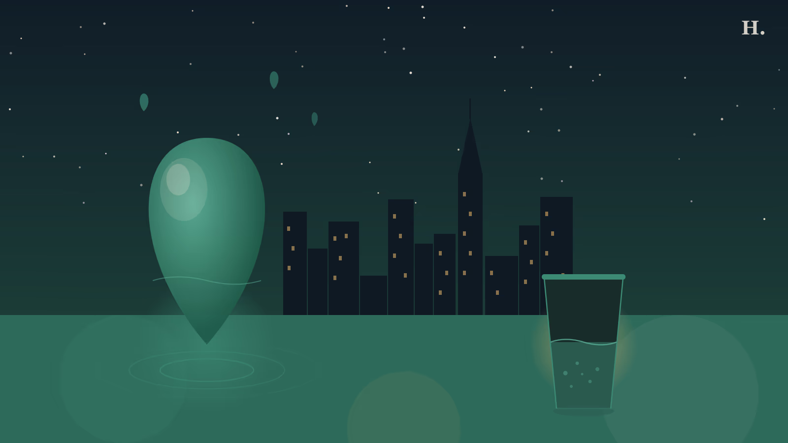 Houston tap water drop and city skyline at night, illustrating is Houston tap water safe