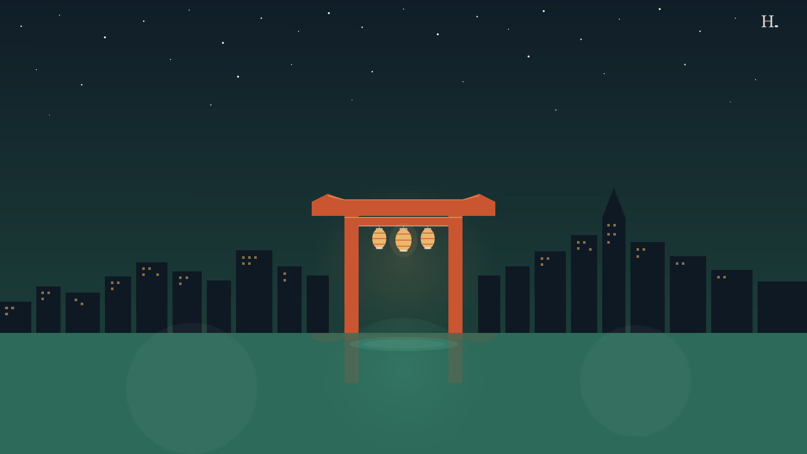 Japan Festival Houston at Hermann Park: torii gate silhouette, taiko drum and Houston city skyline at night