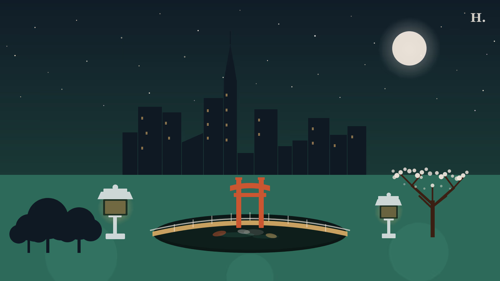 Japanese garden Houston illustration: torii gate, arched bridge over koi pond, stone lanterns and cherry blossoms at night