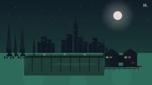 Jesse H. Jones Park night illustration: cypress swamp boardwalk and pioneer homestead cabin near Spring Creek Houston