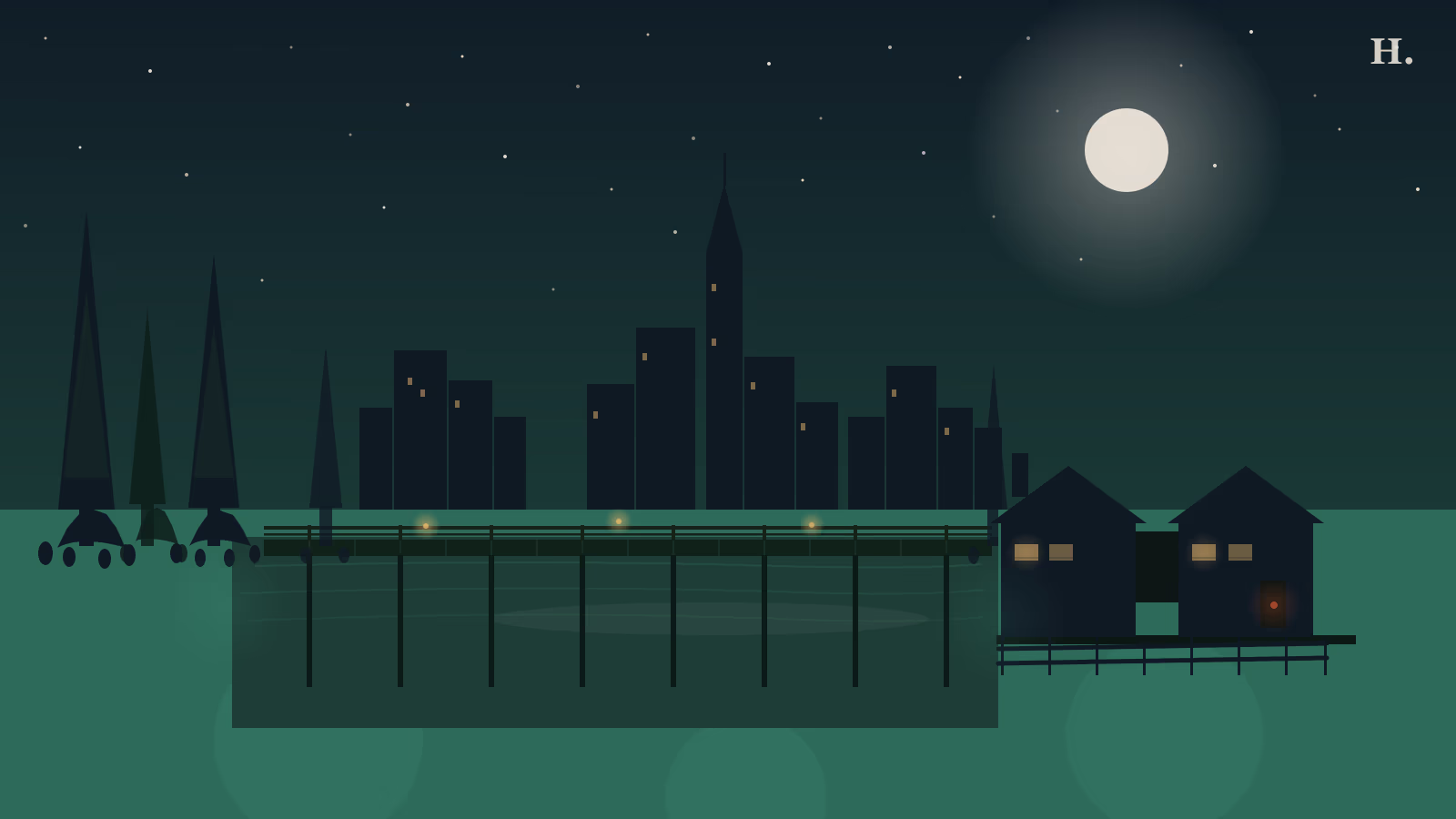 Jesse H. Jones Park night illustration: cypress swamp boardwalk and pioneer homestead cabin near Spring Creek Houston