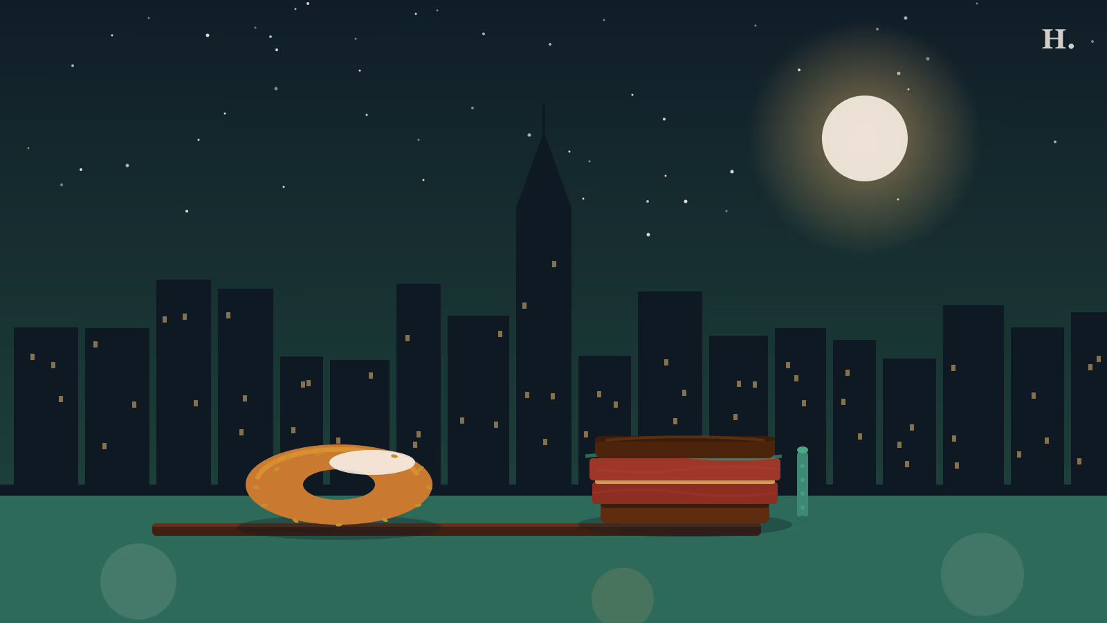 Jewish deli Houston illustration: bagel with cream cheese and a stacked pastrami sandwich against a night skyline