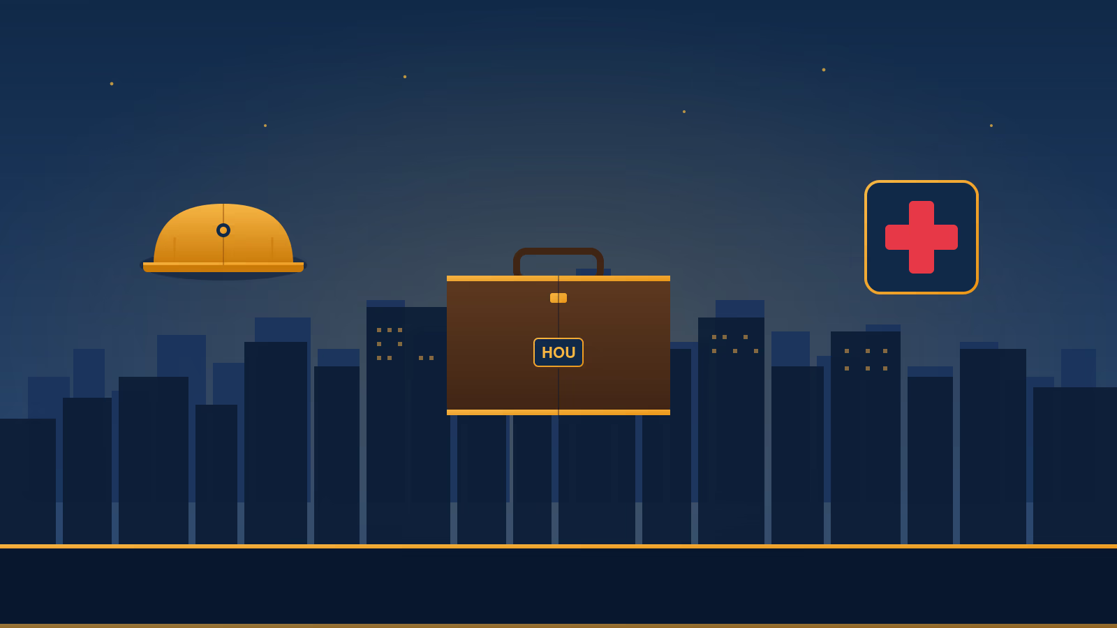 Houston skyline silhouette with golden briefcase, hard hat, and medical cross illustrating Houston jobs guide