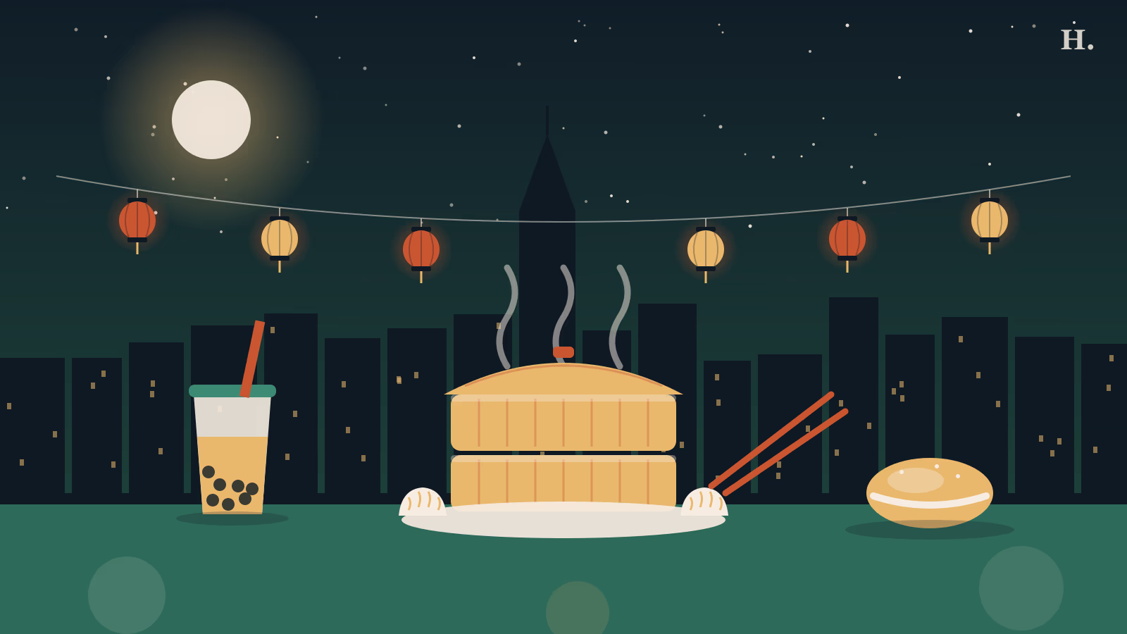 Katy Asian Town restaurants illustration: dim sum steamer, bubble tea, cream puff and lanterns