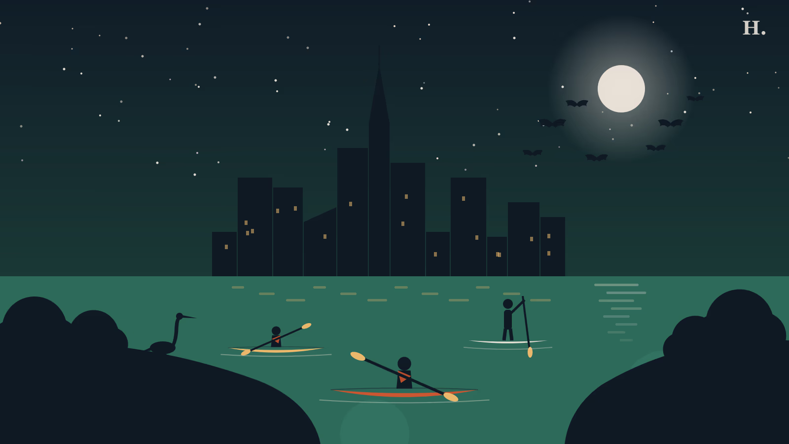 Kayaking Houston illustration: kayakers and a paddleboarder on the bayou beneath the downtown skyline