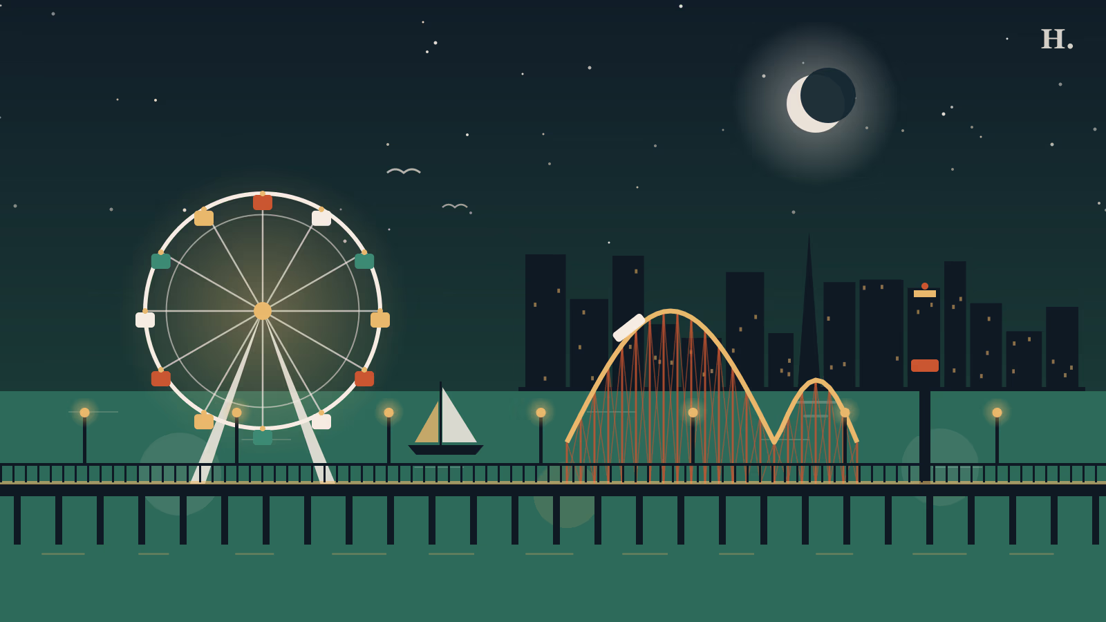 Illustrated Kemah Boardwalk at night with Ferris wheel, wooden coaster and Houston skyline