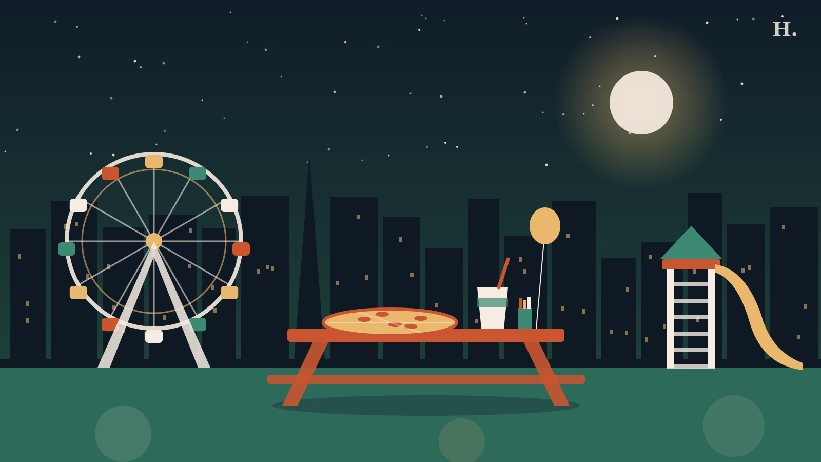 Kid friendly restaurants Houston illustration: Ferris wheel, picnic table with pizza and a playground slide