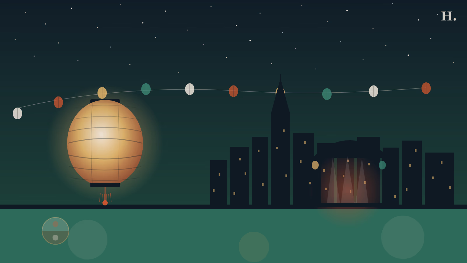 Korean festival Houston illustration with paper lanterns, downtown skyline and performance stage